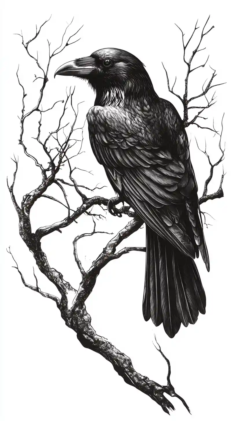 Rabe auf verdrehtem Ast in monochromer Vektorillustration