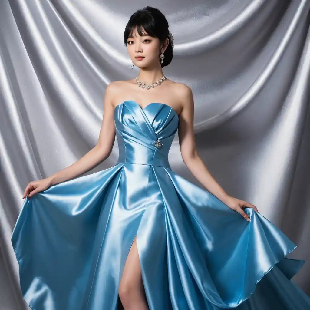 Elegante Frau im blauen Satinkleid im Studio