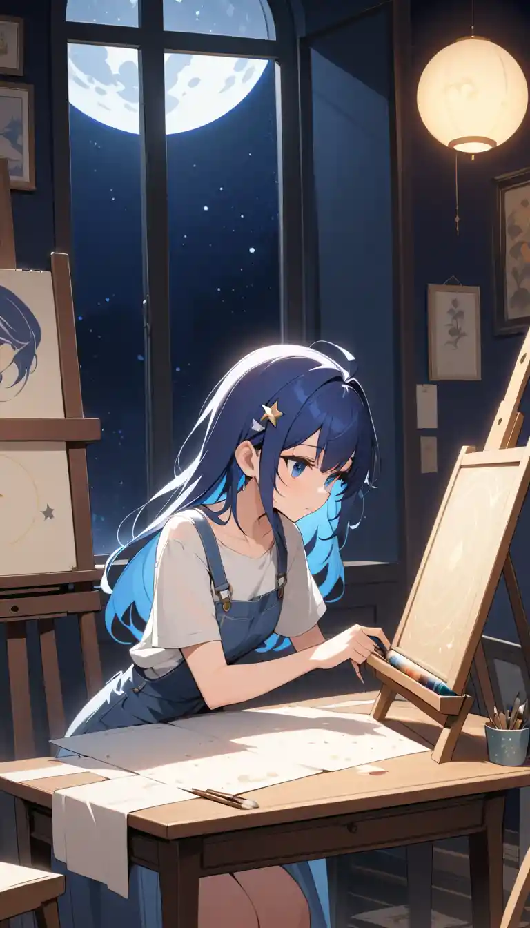 Anime girl painting in a moonlit attic art studio