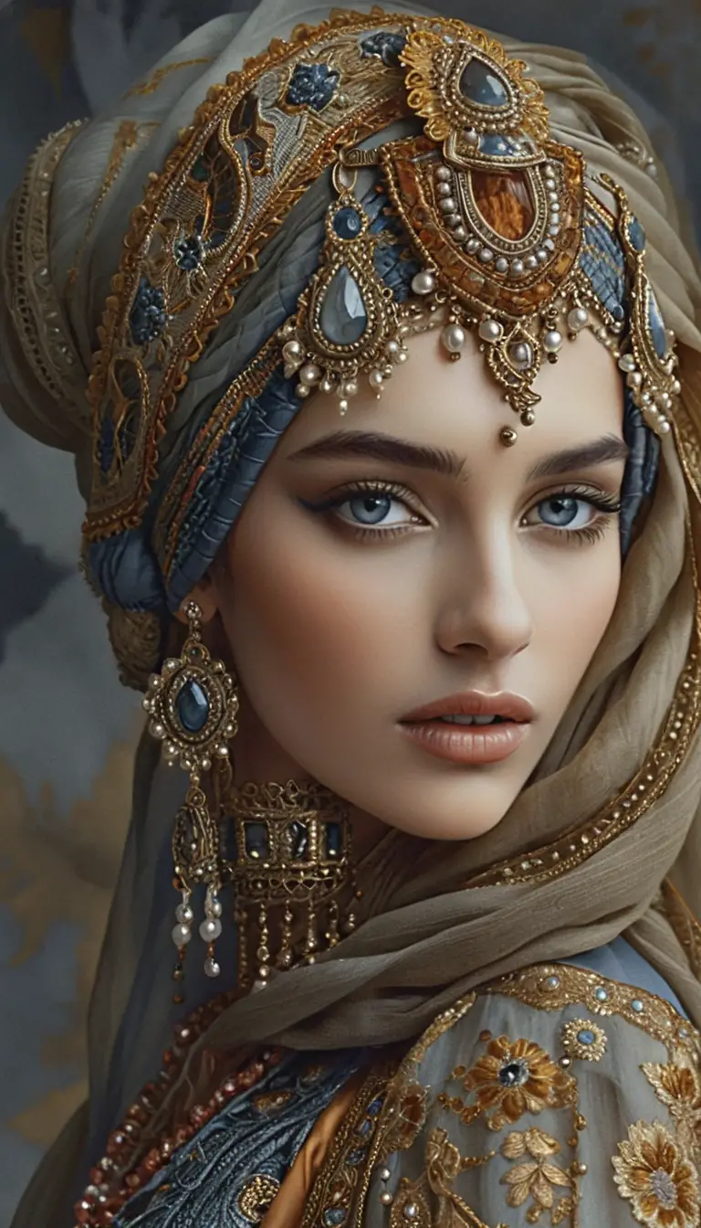 Ottoman inspired portrait of a woman in ornate headdress