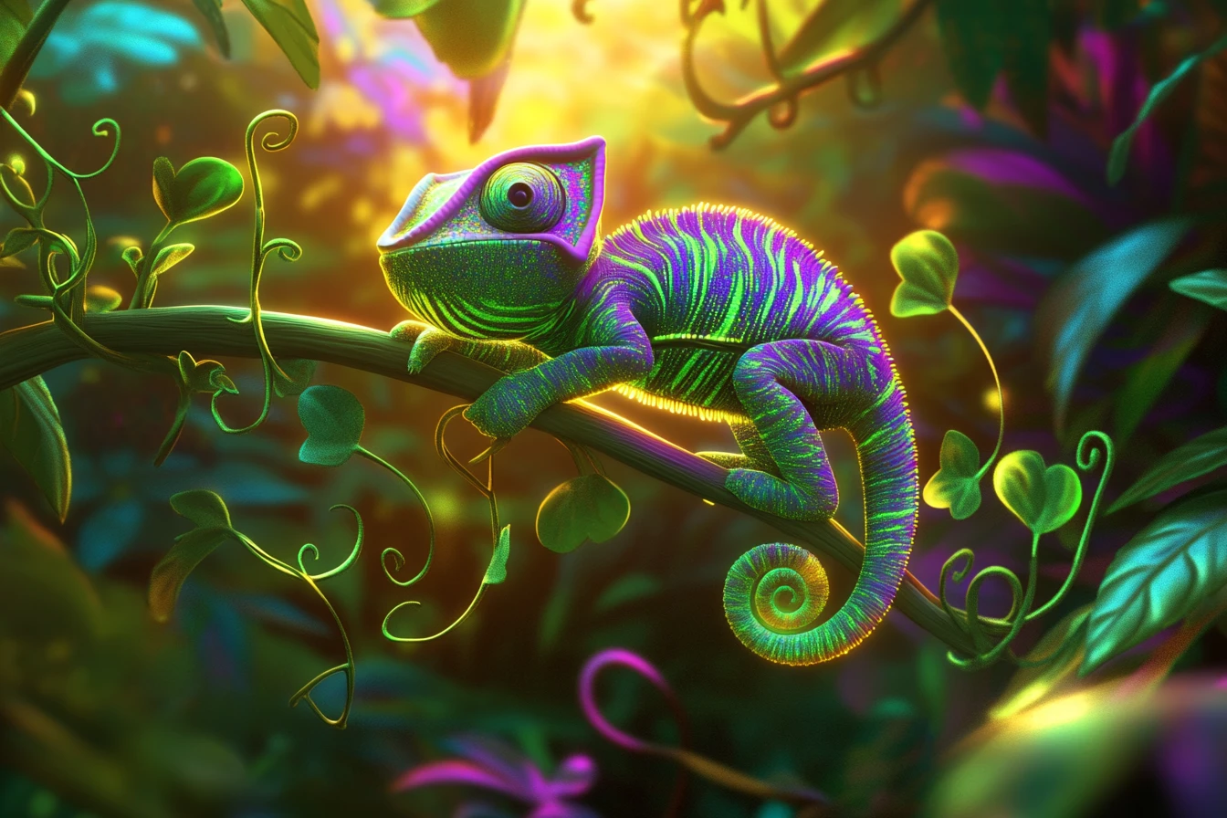 Baby chameleon hatchling in glowing rainforest foliage