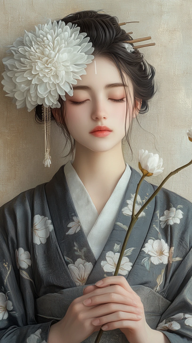 Junge Frau im grauen Kimono mit Chrysanthemen-Haarschmuck