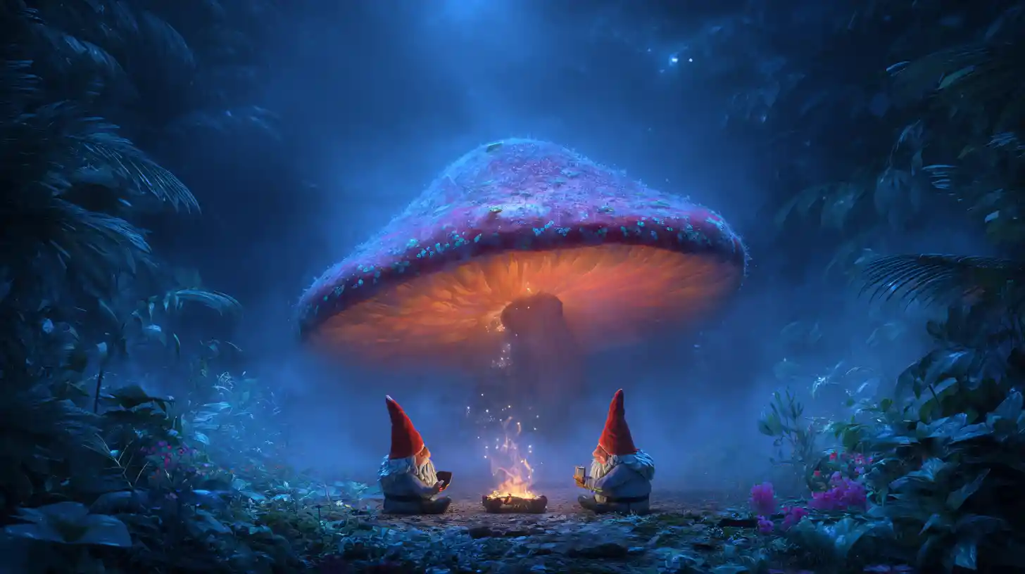 Giant glowing mushroom sheltering gnomes in moonlit forest