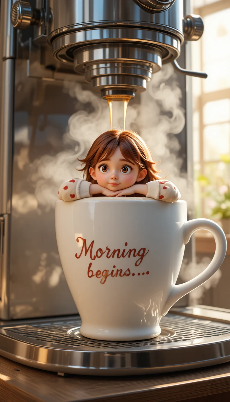 Kleines Mädchen bei riesigem Cappuccino im gemütlichen Morgenlicht