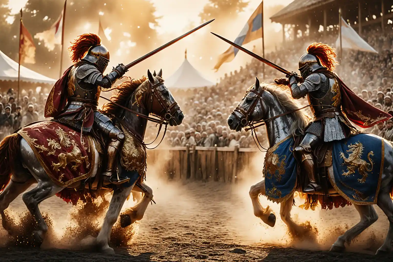 Cavaleiros blindados se enfrentam a cavalo em uma arena medieval