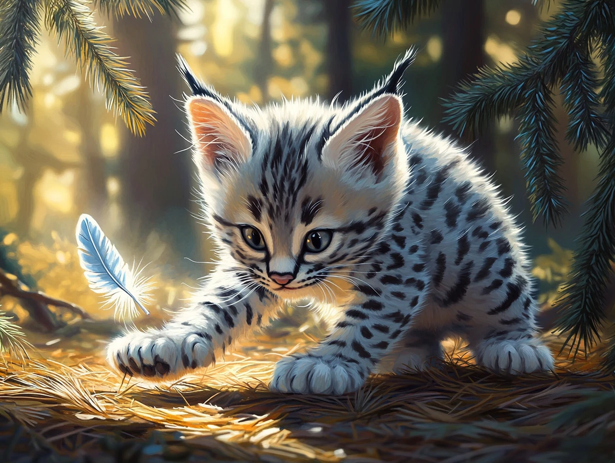 Playful baby lynx stalking a feather in forest light