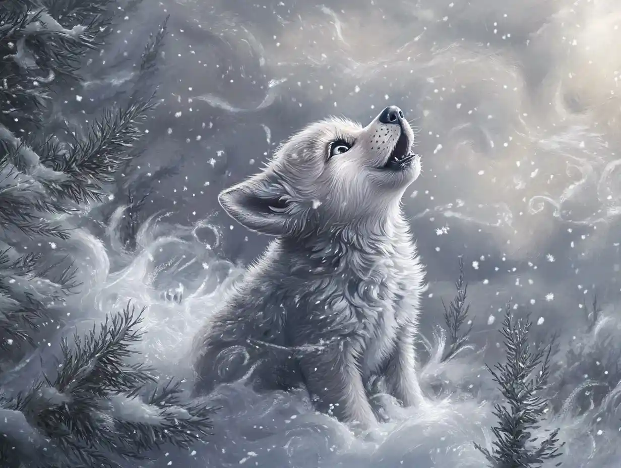 Giovane cucciolo di lupo che ulula in una foresta siberiana innevata