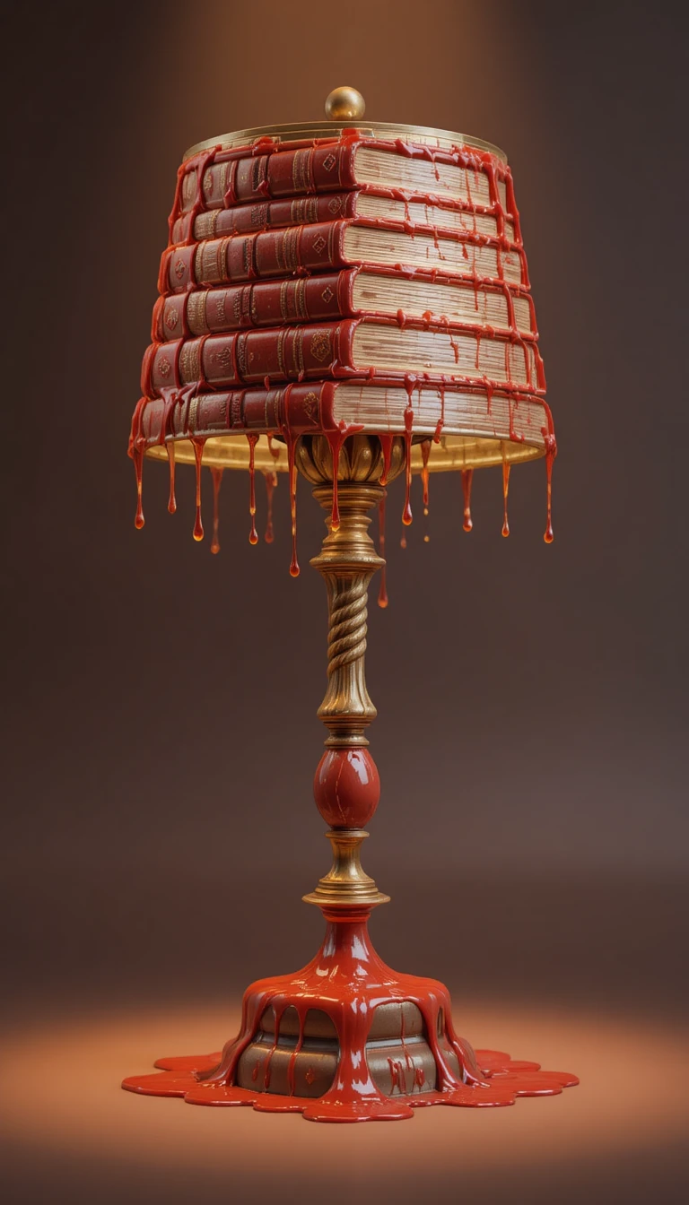 Lampe de banquier 3D surréaliste faite de livres et de plastique rouge