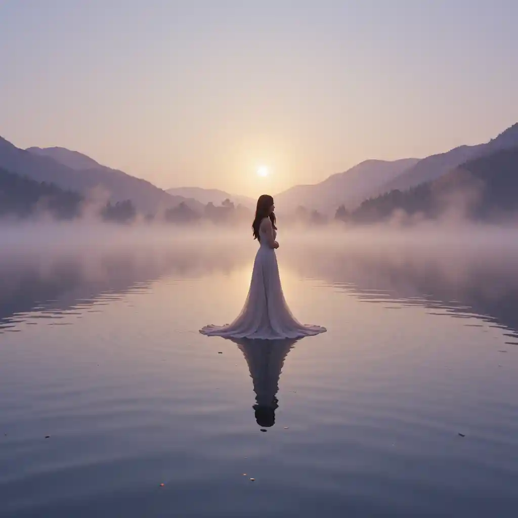 Donna in abito bianco accanto a un lago tranquillo all’alba