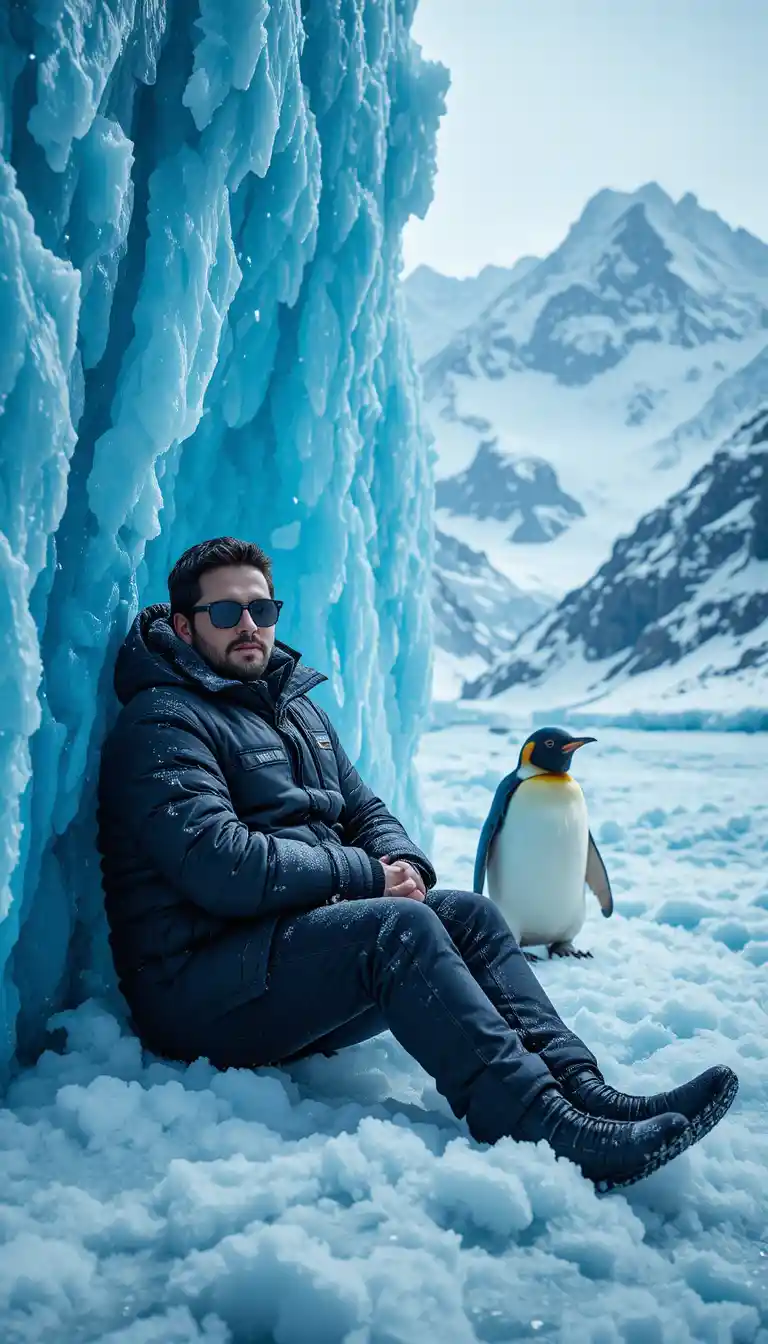 Uomo che si Rilassa Appoggiato a una Parete di Ghiaccio Blu accanto a un Pinguino Reale
