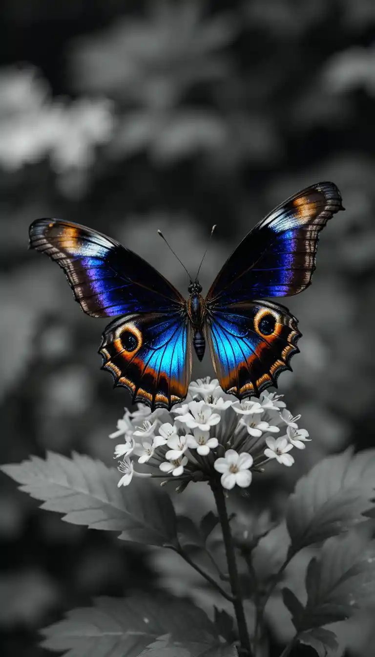 Mariposa colorida posada sobre flor blanca en un suave jardín verde