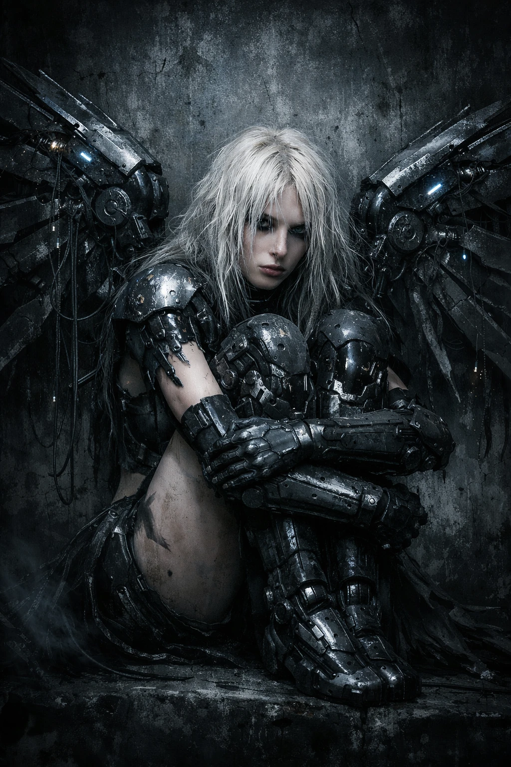 Cinematic portrait of a fallen cyber angel in armor