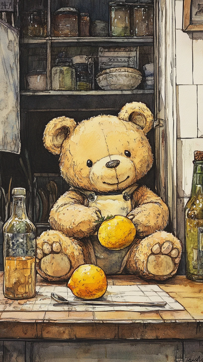 Cute chibi teddy bear with citrus on a kitchen table