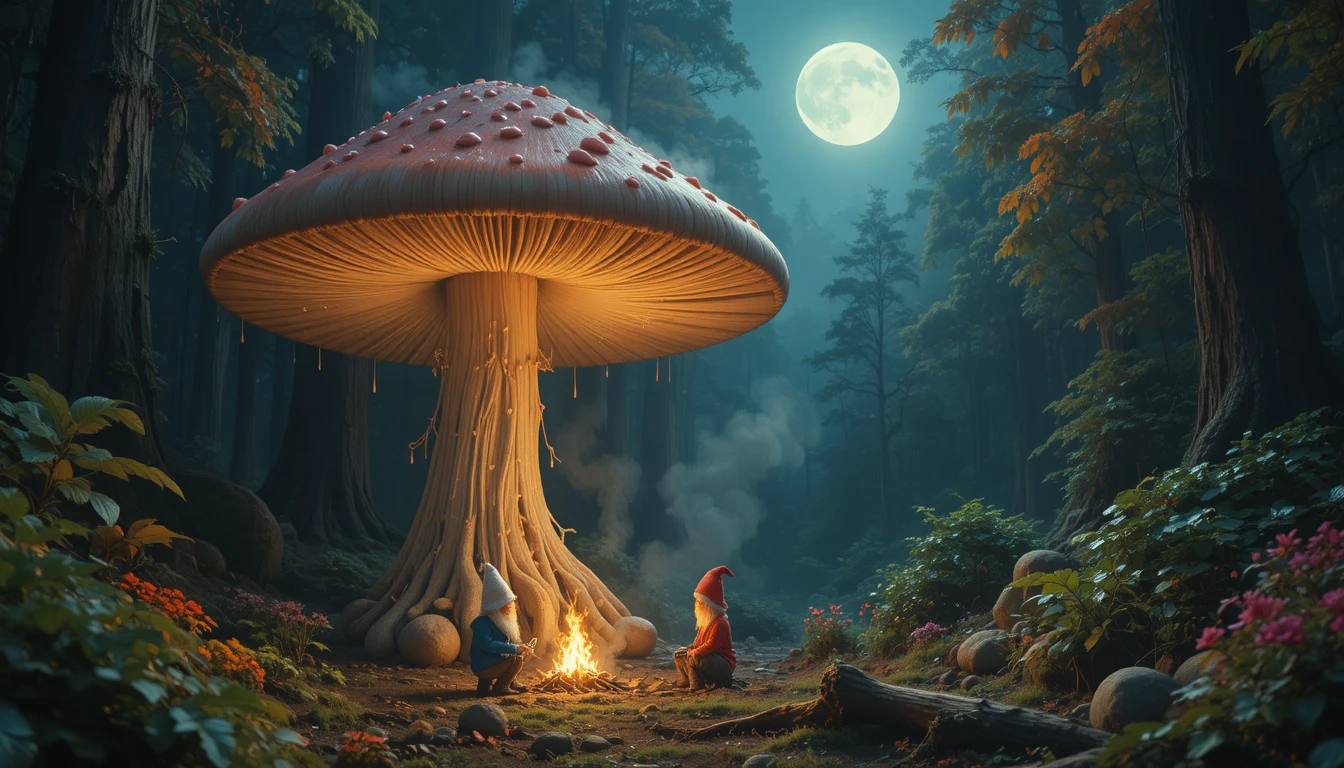 Giant glowing mushroom sheltering two gnomes by a fire