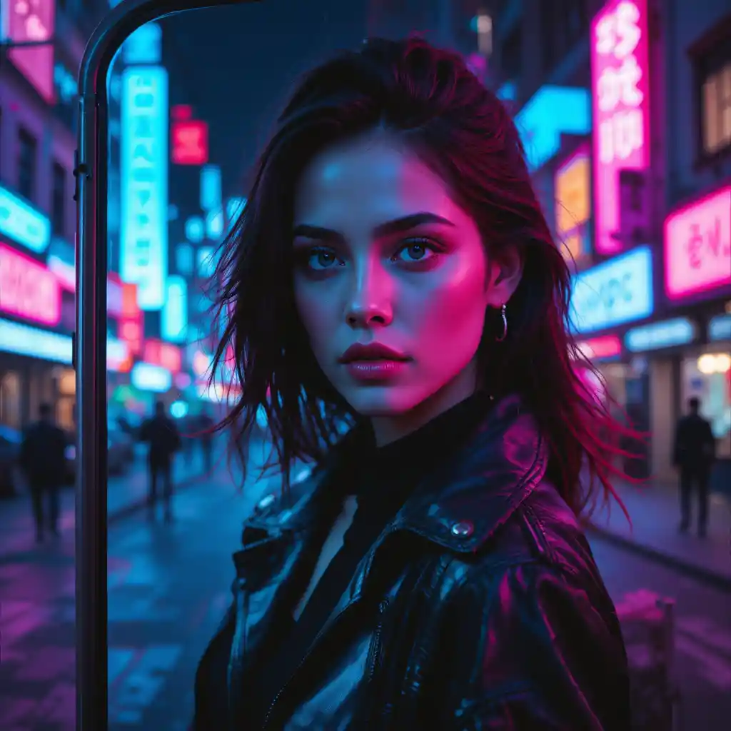 Woman facing viewer with fractured mirror reflection at night