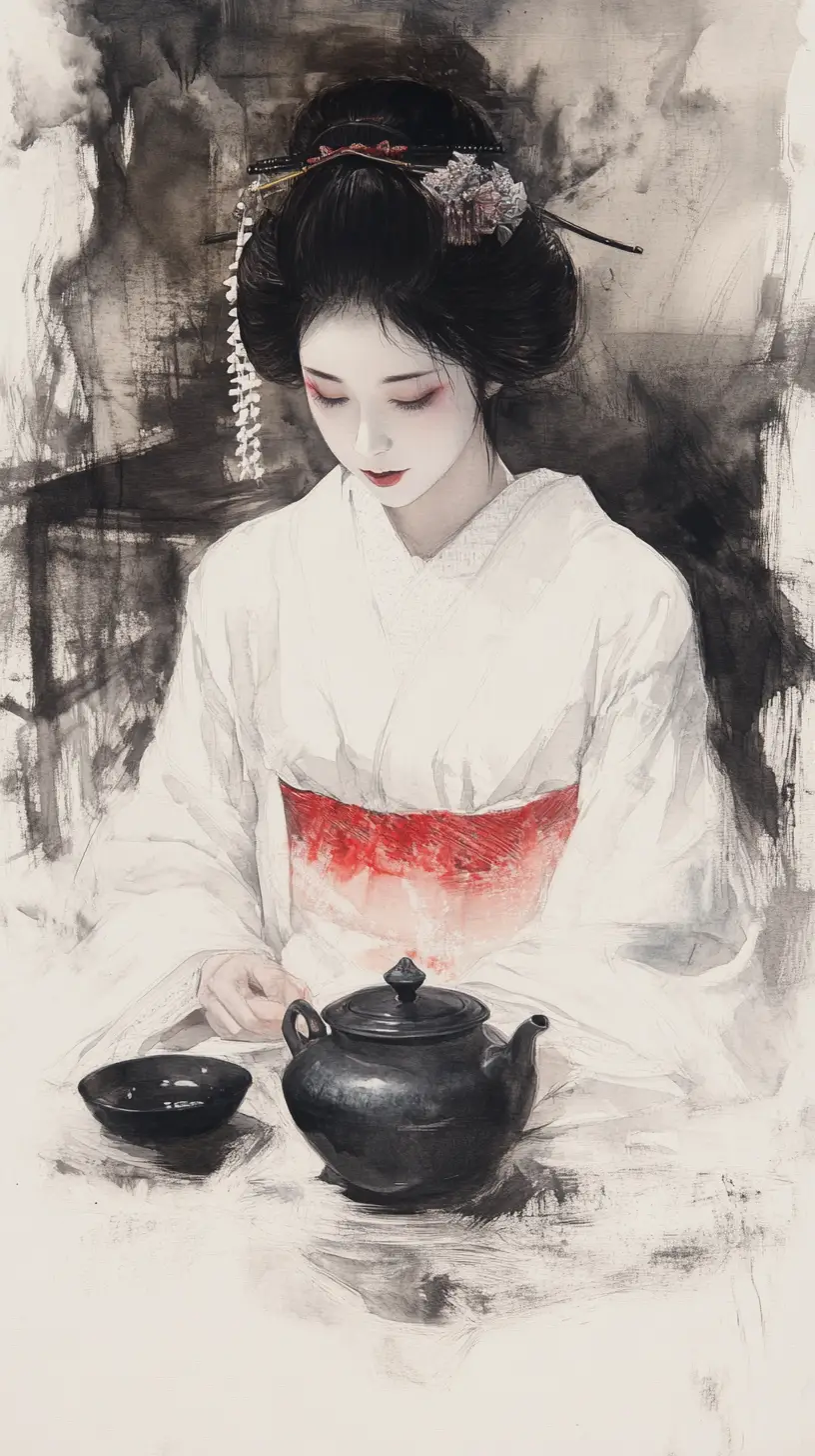 Geisha In White Kimono Pouring Tea In Zen Monochrome Scene