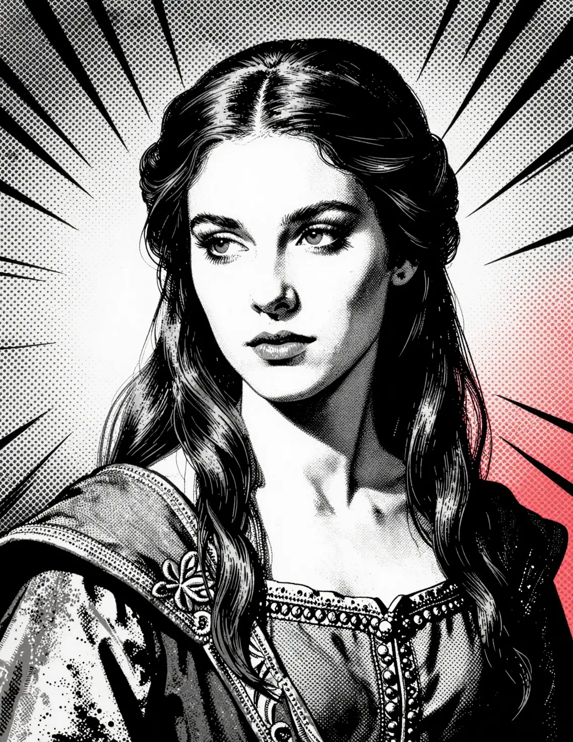 Ritratto di fanciulla medievale in stile fumetto pop art a mezzatinta