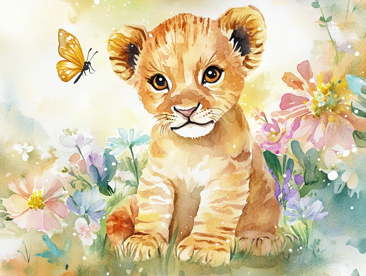Watercolor baby lion cub in a whimsical flower meadow
