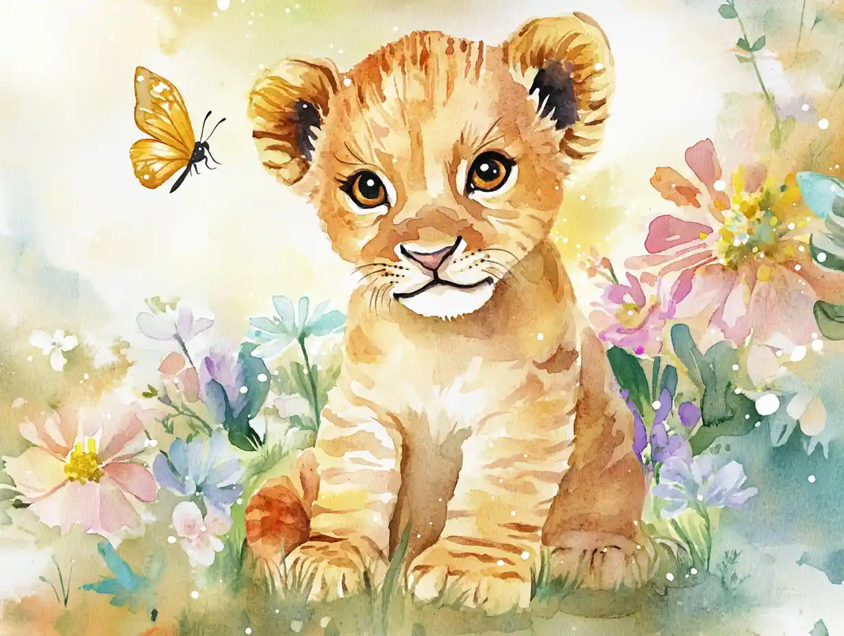 Watercolor baby lion cub in a whimsical flower meadow