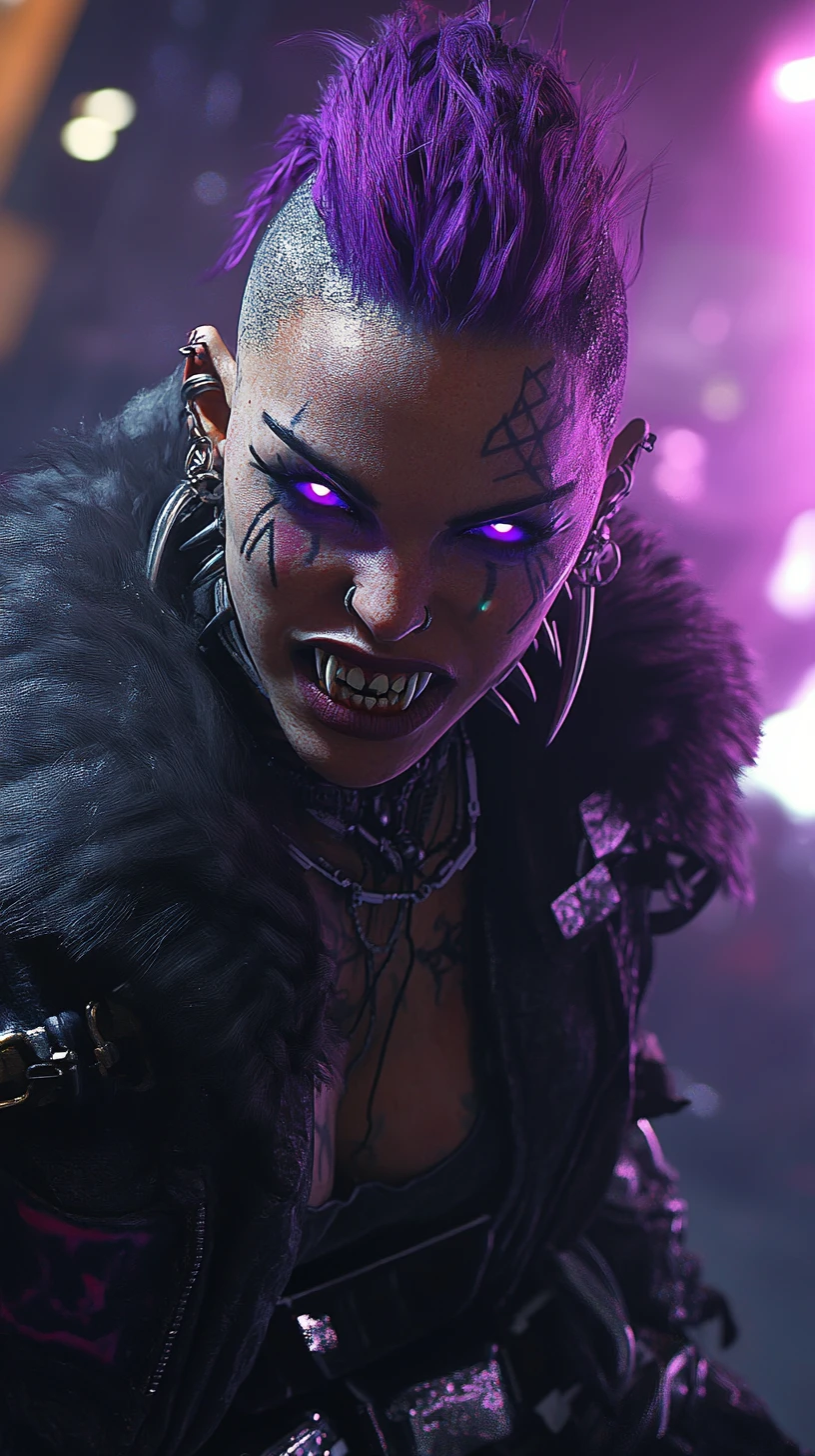 Fierce purple haired warrior woman with glowing eyes