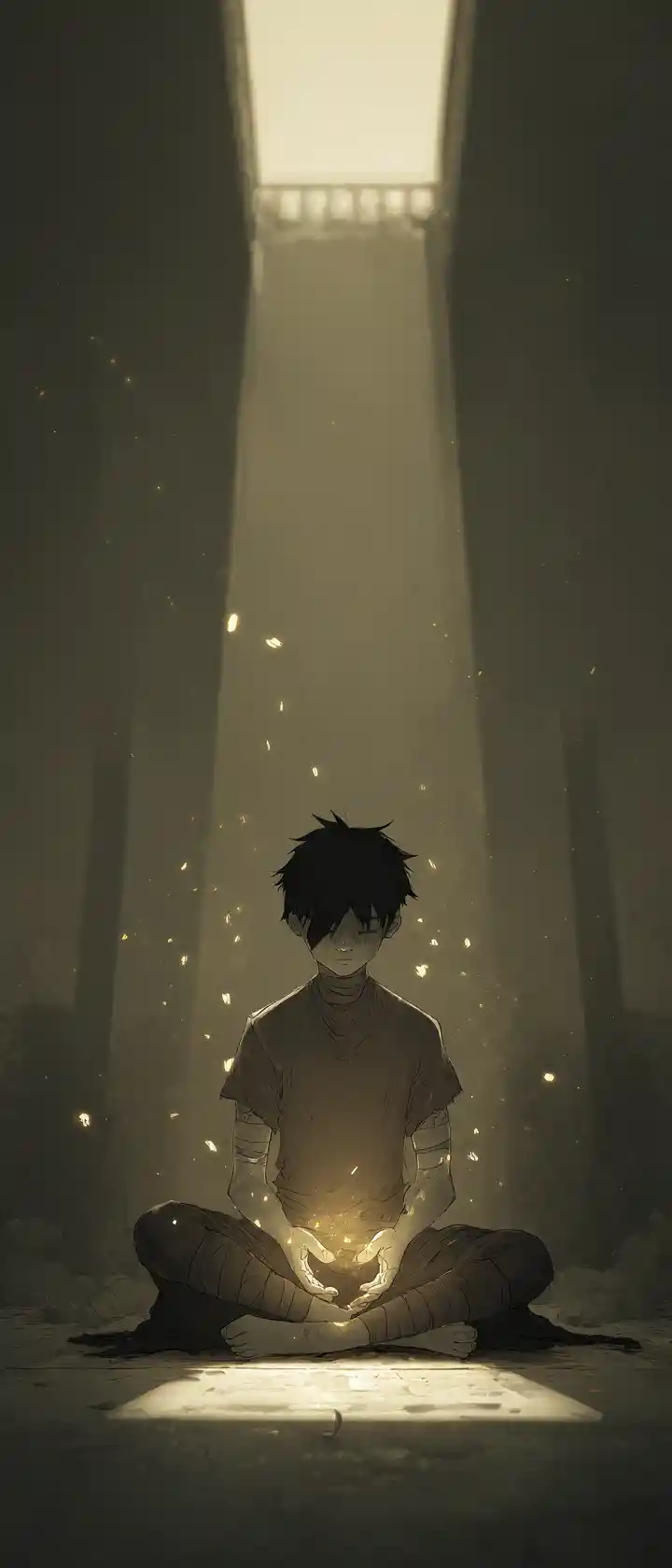 Blindfolded boy meditating in a dark temple hall