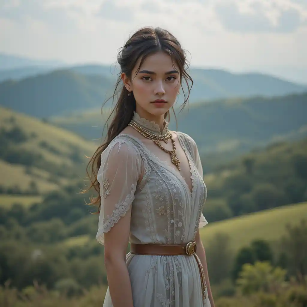 Serene woman standing before gentle rolling hills