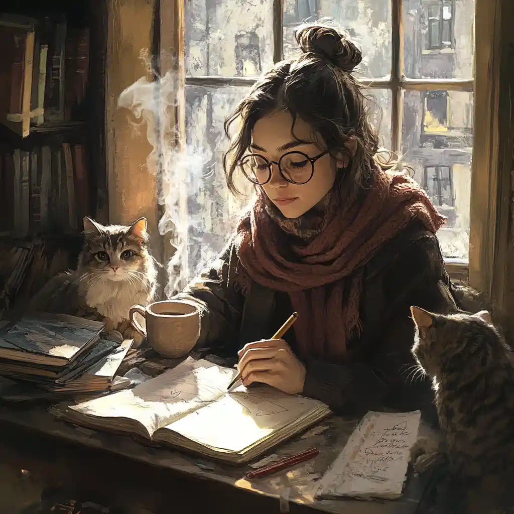 Mulher desenhando em uma mesa de madeira com um gato curioso
