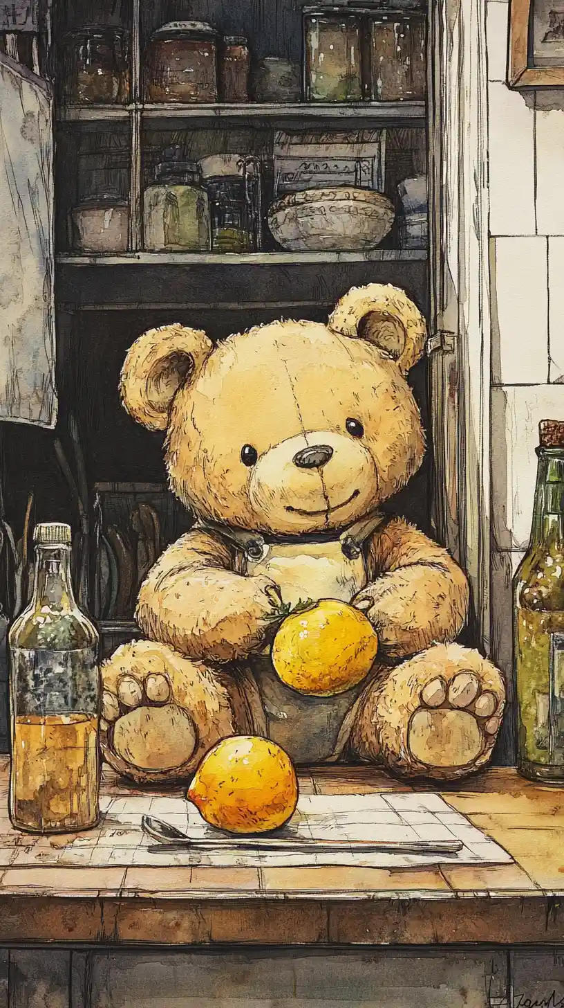Cute chibi teddy bear with citrus on a kitchen table