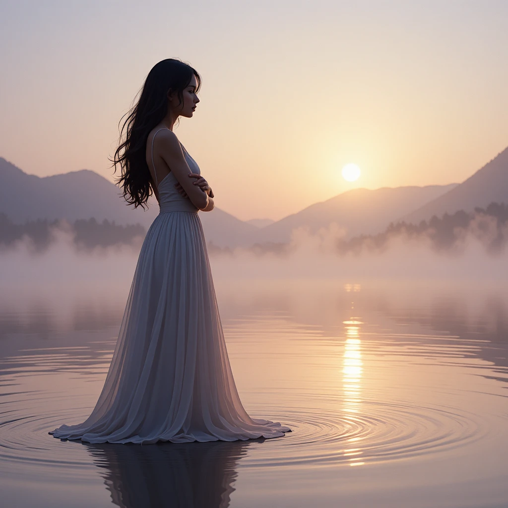 Woman at tranquil lake at dawn in soft pastel light