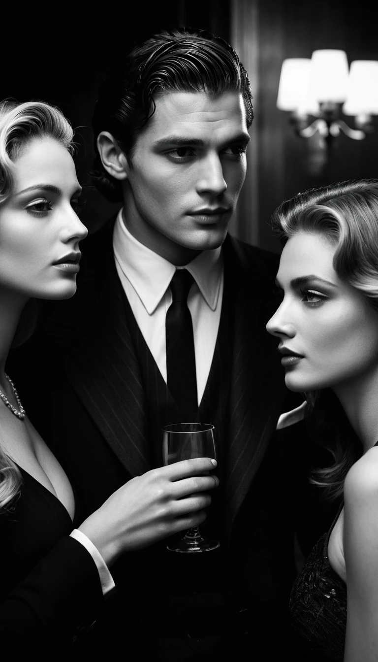 Charismatic man kissing two women in a cinematic scene