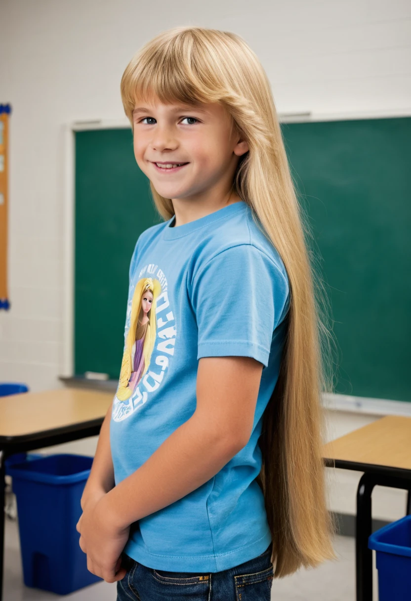 Escolar sonriente con el pelo rubio muy largo en el aula
