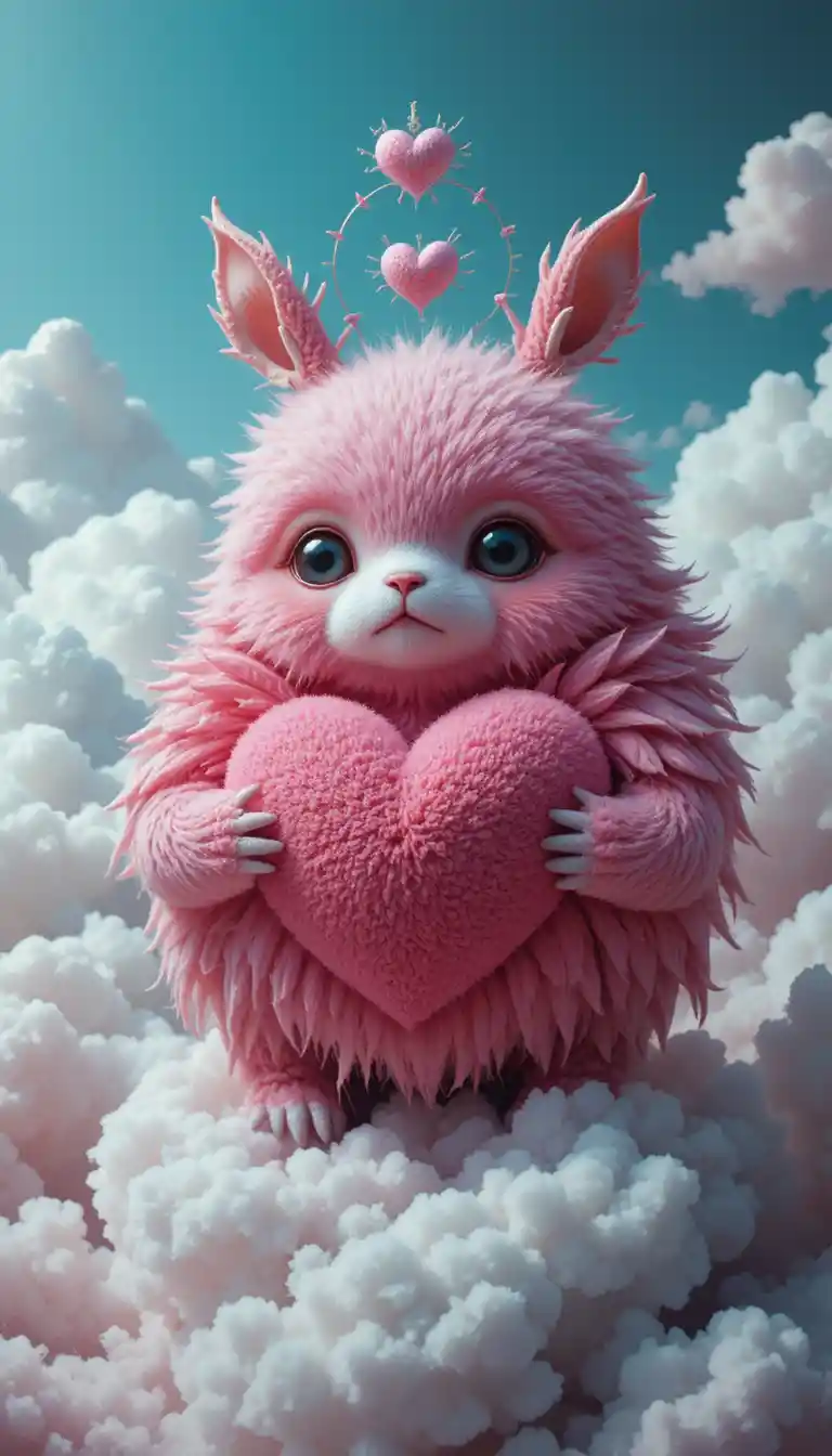 Adorable criatura diminuta abrazando un gran corazón brillante