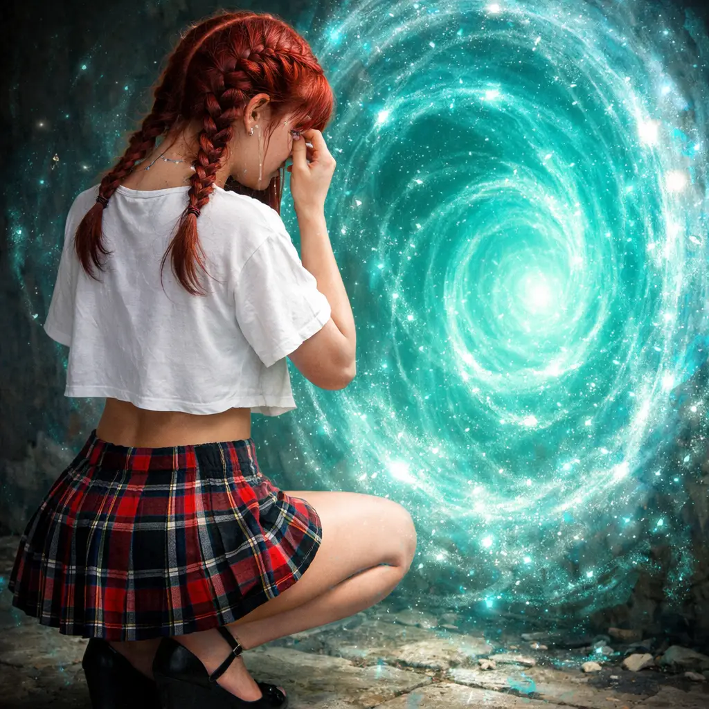 Crying red haired girl facing a glowing turquoise portal