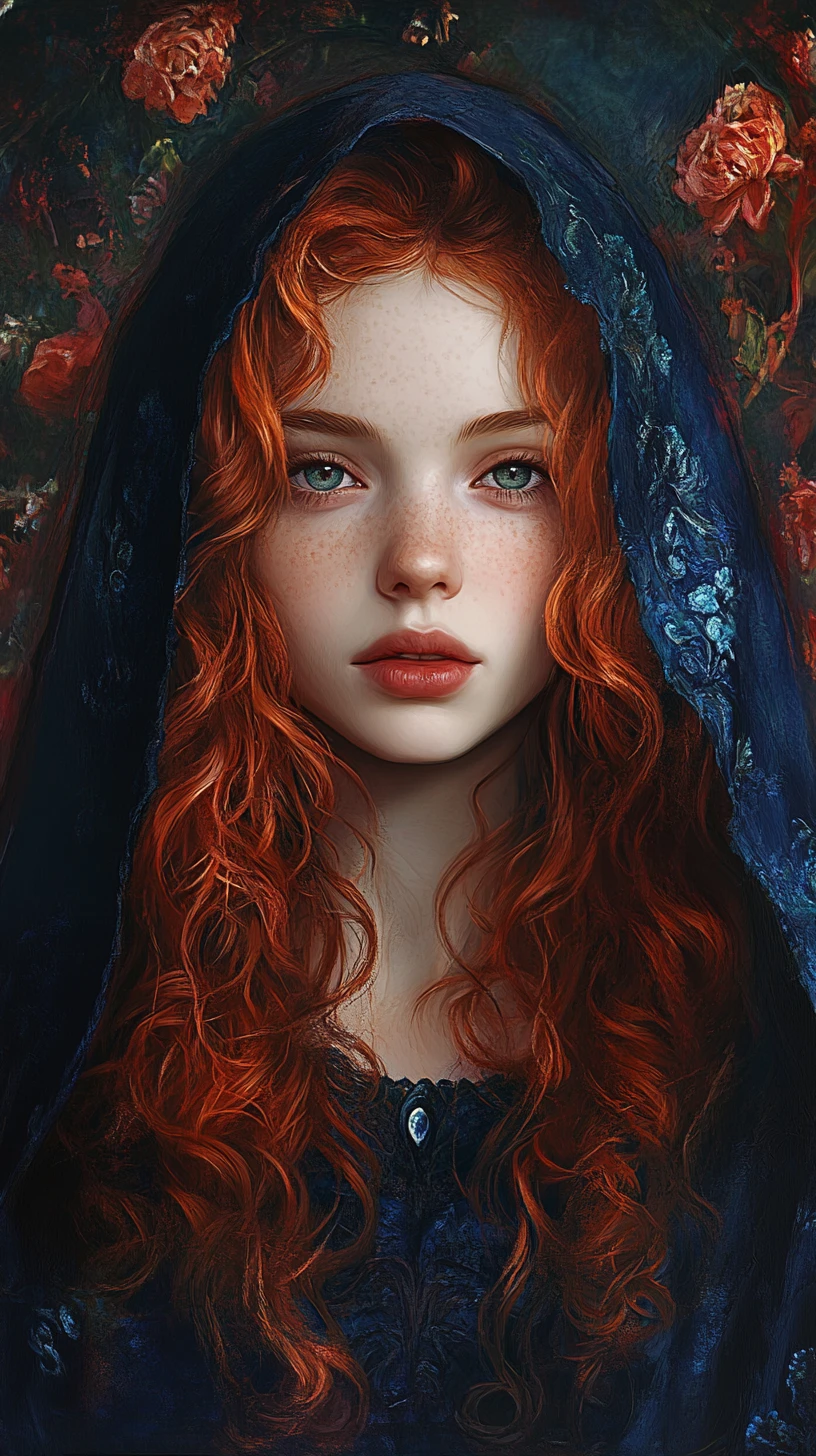 Red haired girl in blue hooded cloak with wistful gaze