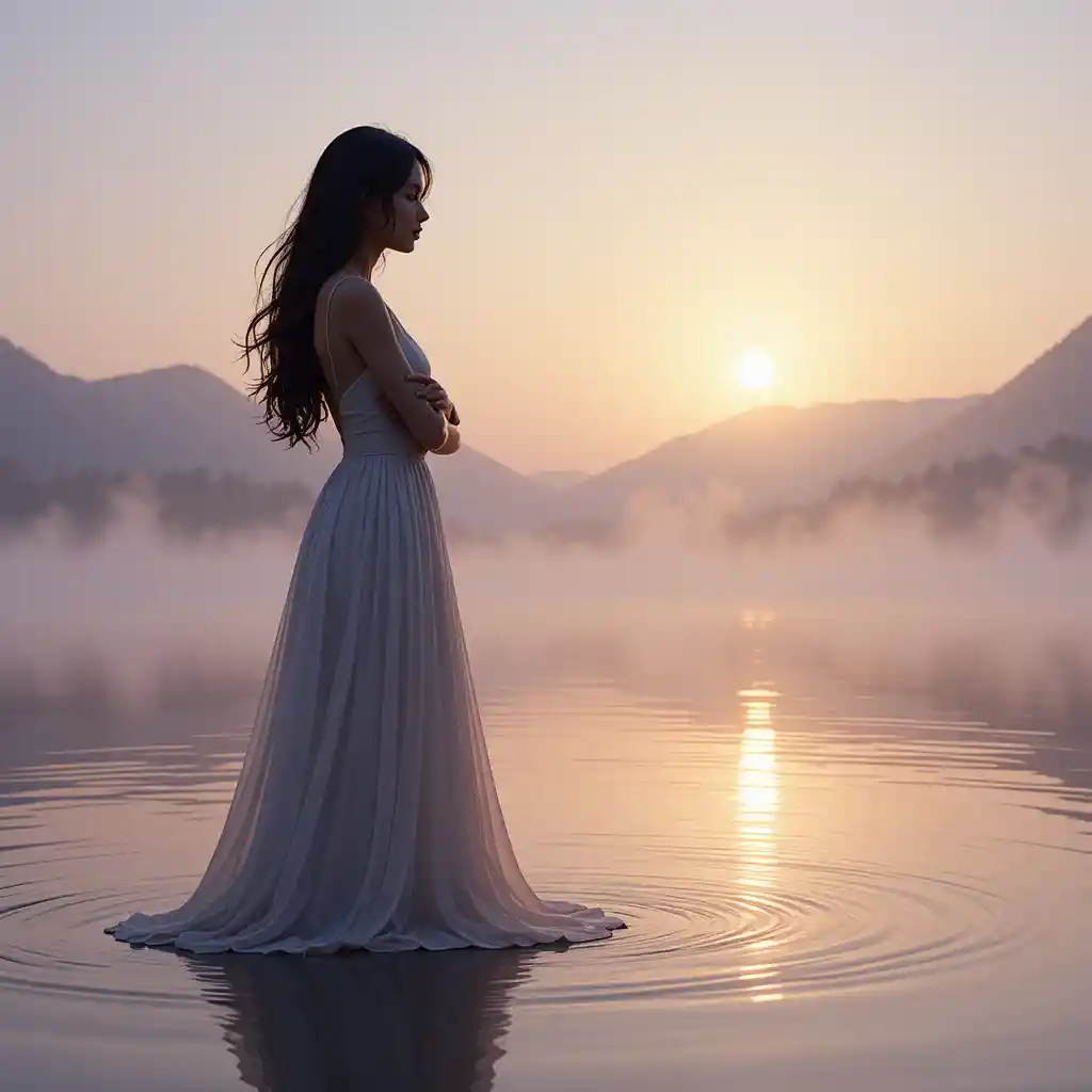 Woman at tranquil lake at dawn in soft pastel light