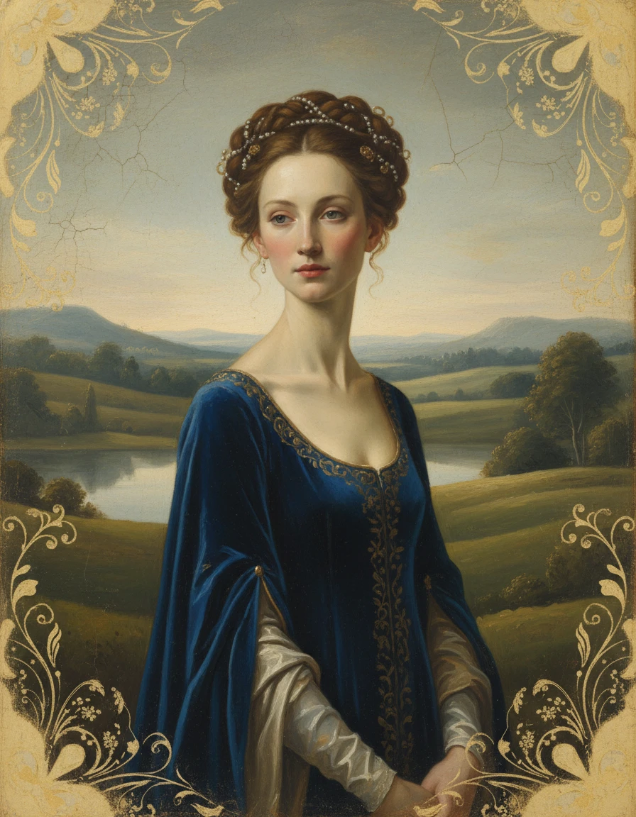 Elegant woman portrait against serene abstract landscape backdrop