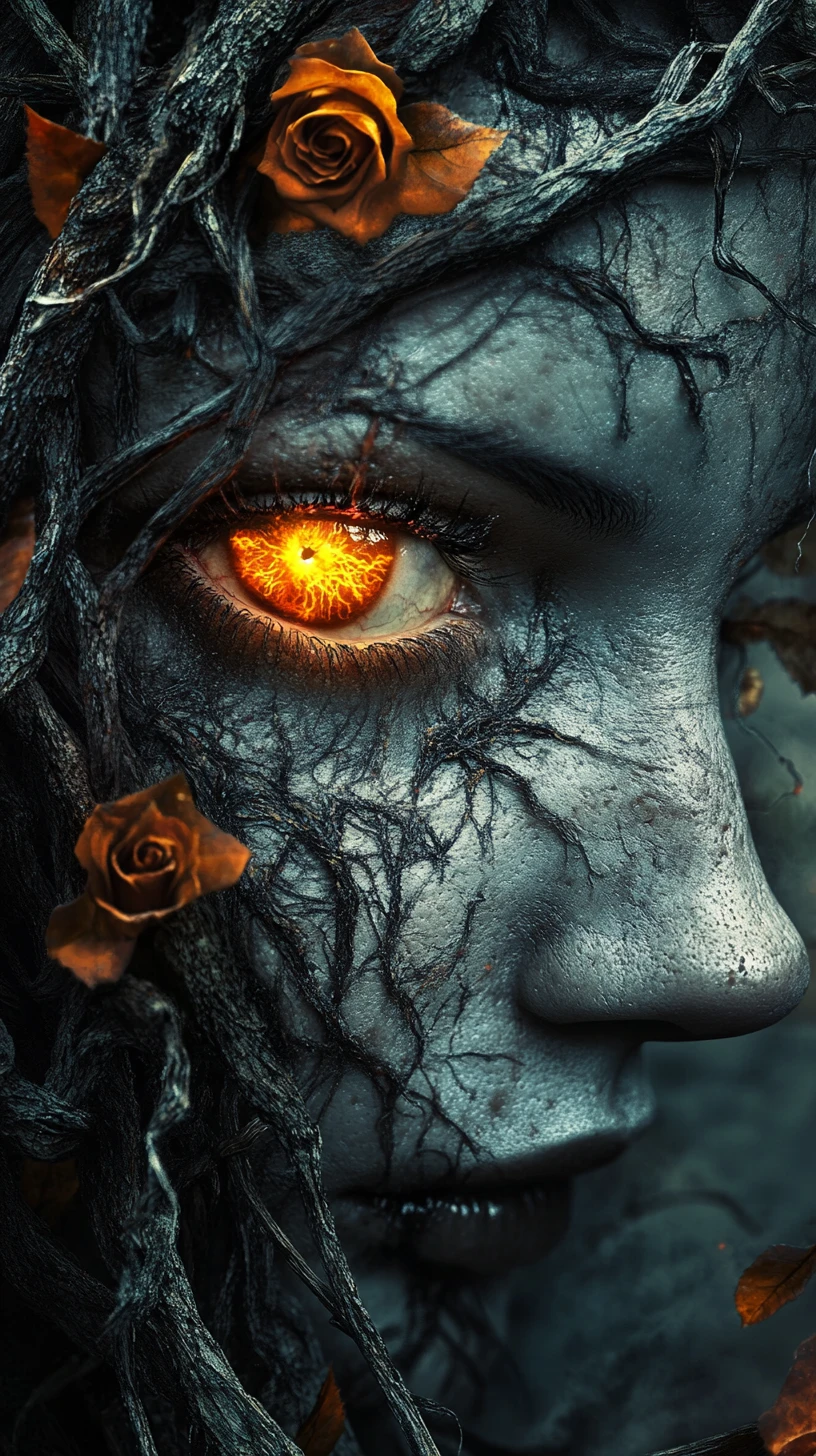 Surreal woman entwined with dark branches and roses