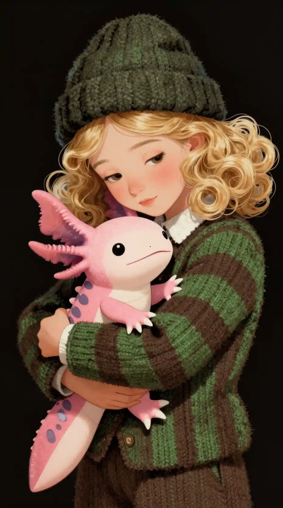 Menina Abraçando Axolote Rosa com Gorro de Lã – Ilustração em Close