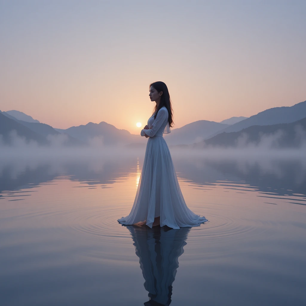 Woman in white at dawn by a tranquil misty lake