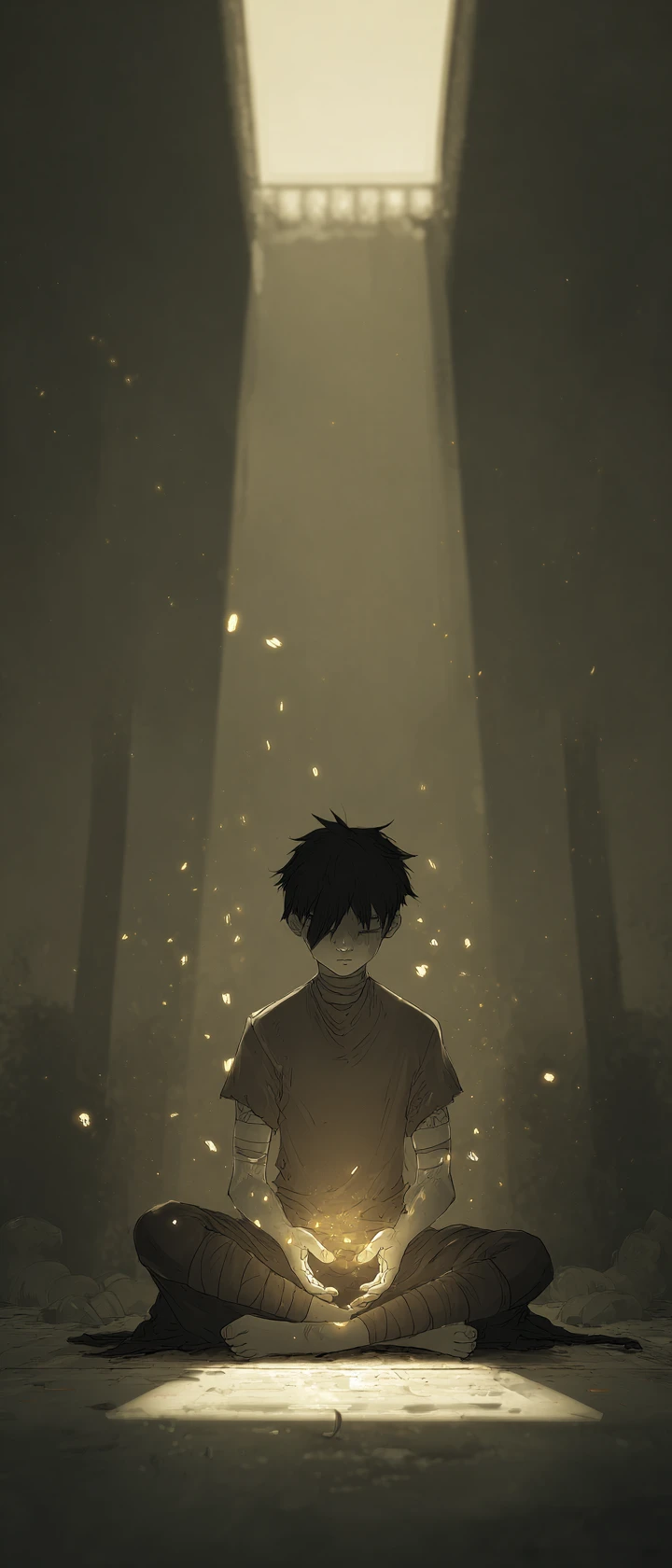 Blindfolded boy meditating in a dark temple hall
