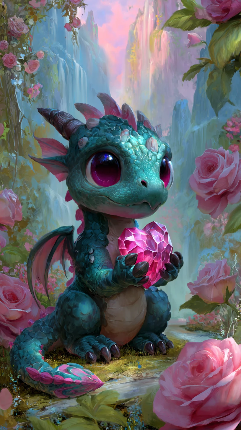 Adorable dragón bebé con corazón de cristal en un valle mágico