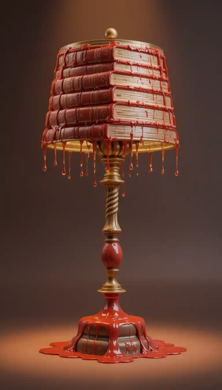 Lampada da banchiere 3D surreale fatta di libri e plastica rossa