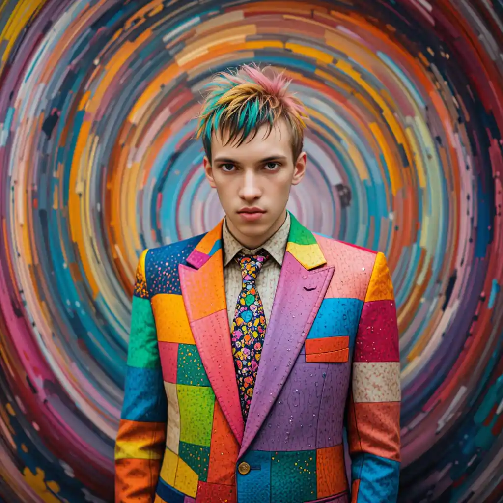 Colorful man with rainbow hair in psychedelic suit portrait