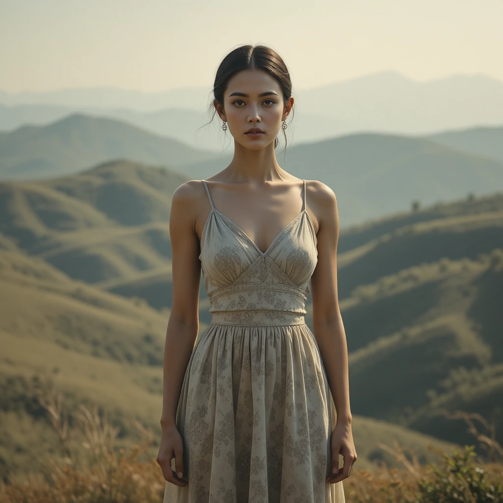 Serene woman standing calmly before gentle rolling hills
