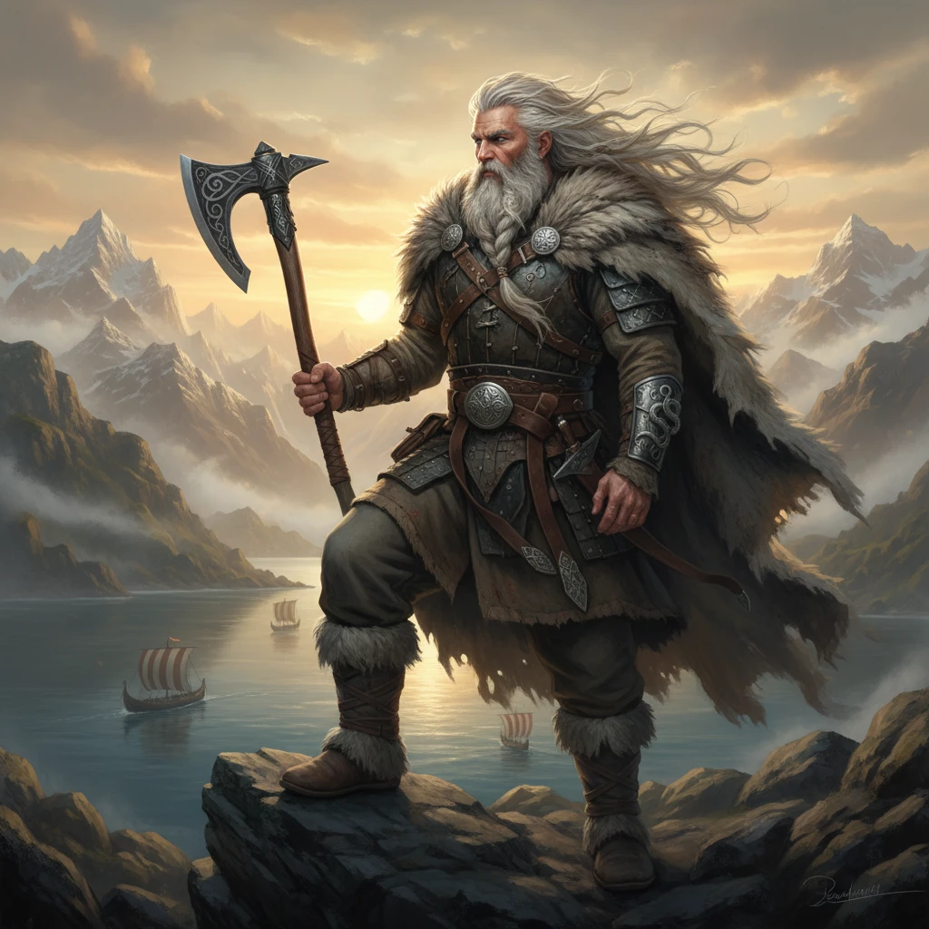 Guerrero vikingo contemplando lejanos fiordos y montañas