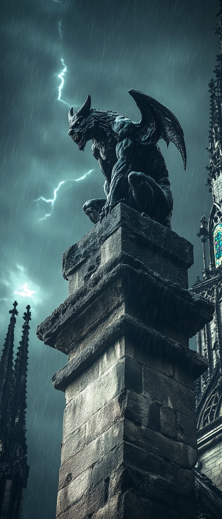 Antica gargolla su cattedrale gotica fatiscente in mezzo alla tempesta