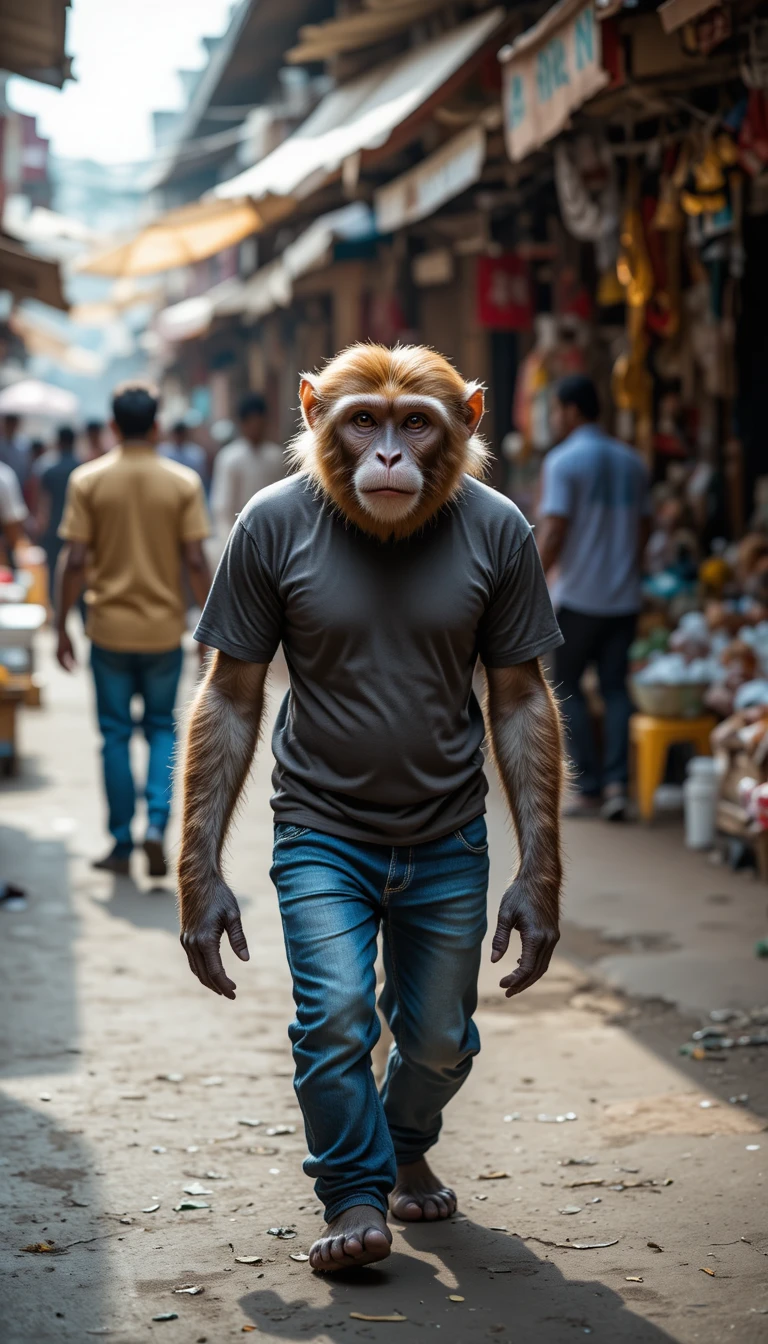 Monkey In Casual Clothes Walking Through Busy Indian Market