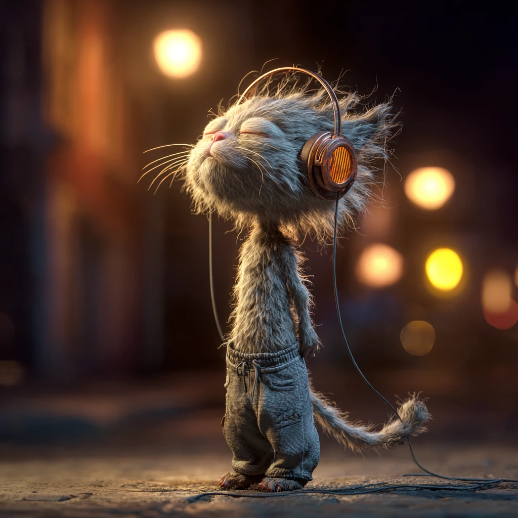 Whimsical kitten in headphones on a night city street