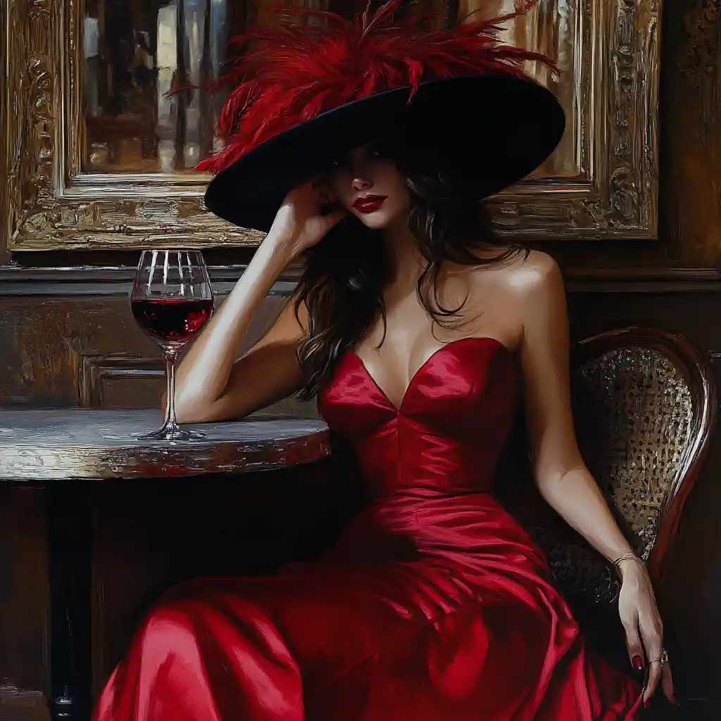 Femme élégante en robe rouge dans un café romantique