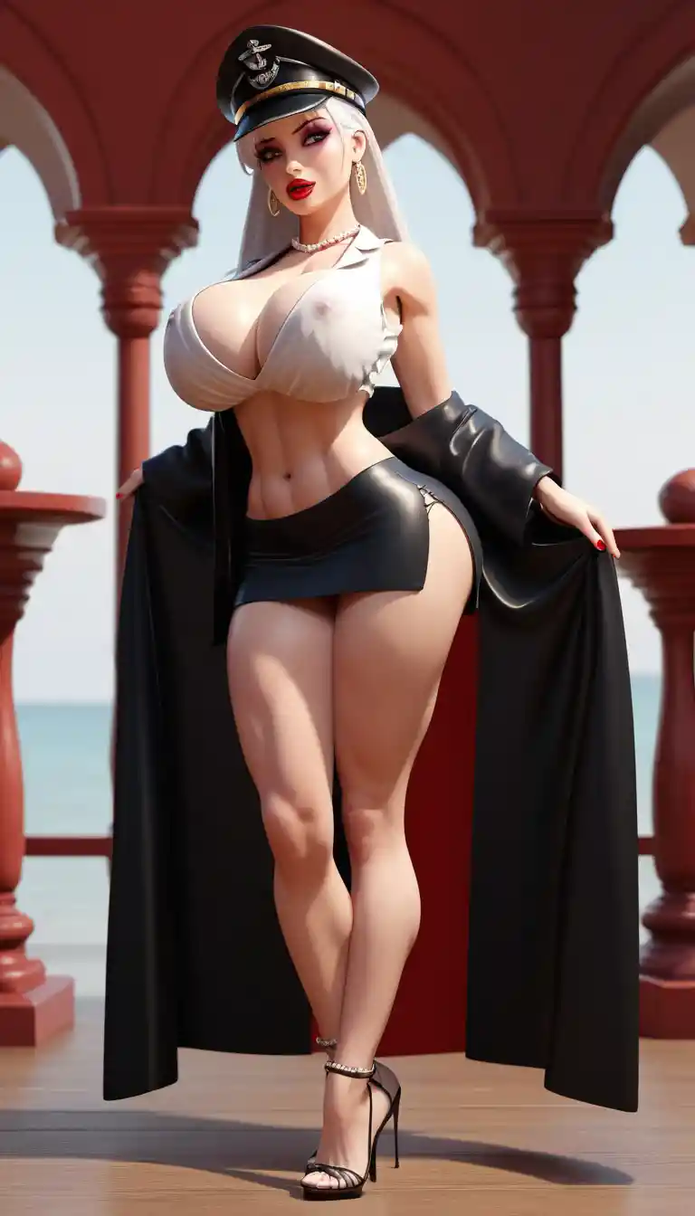 Sensuale donna anime che balla su un molo di porto militare